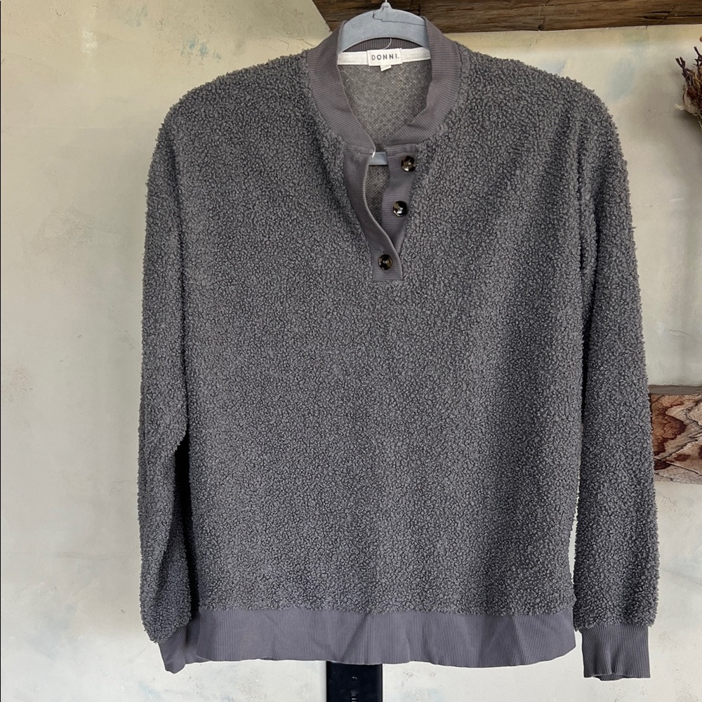 DONNI. Mini Sherpa Henley Crewneck Sweater
